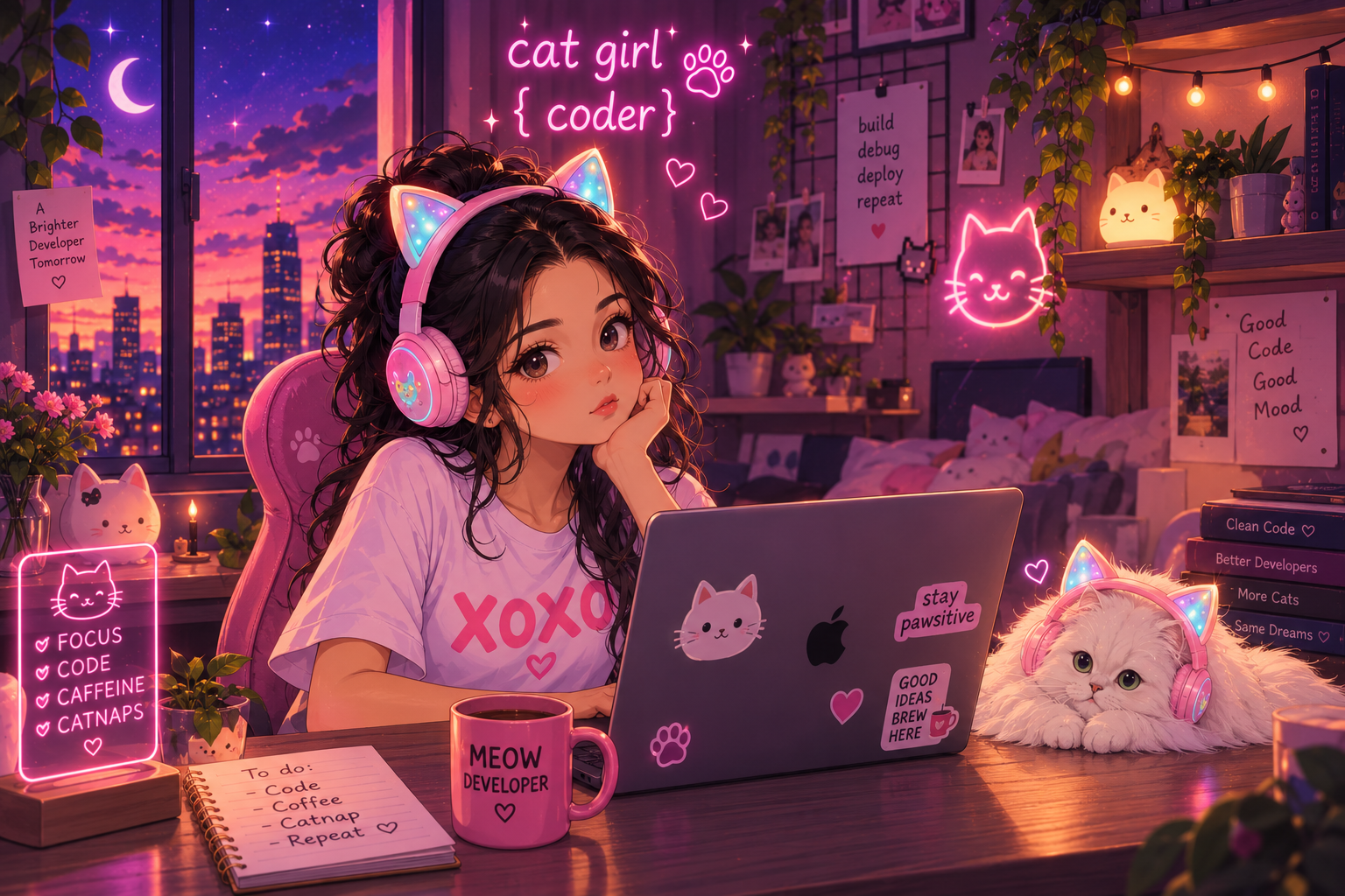 Soumika's cozy anime coding room at dusk: a cat-ear-headphone-wearing developer at her laptop, a pink MEOW DEVELOPER mug, a glowing cat lamp, a fluffy cat in matching headphones, and pink neon signs